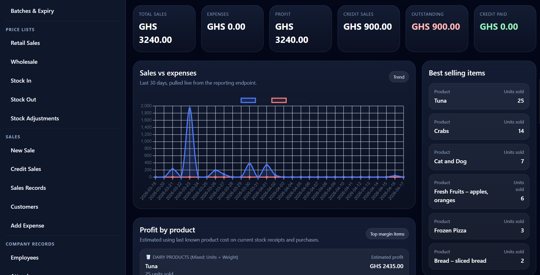 StockFlow frozen food seller dashboard preview