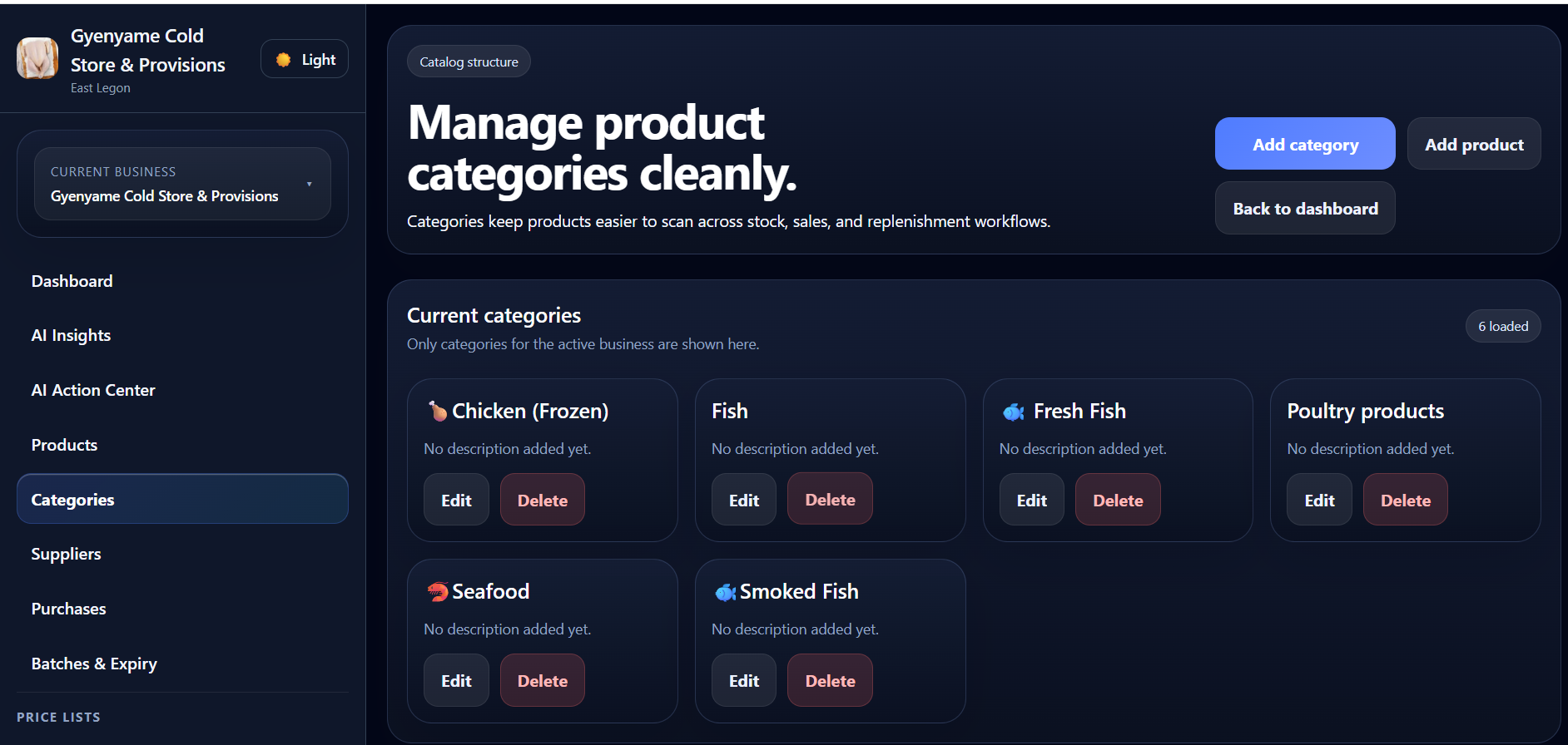 Gyenyame Cold Store category manager with frozen chicken, fish, seafood and poultry categories
