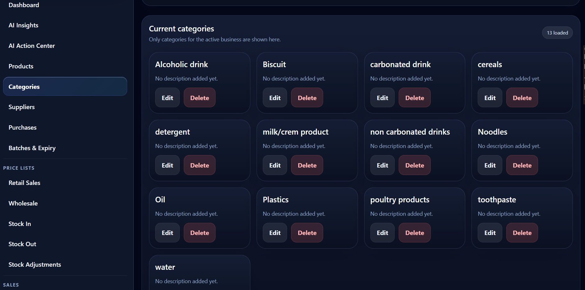 Retail business catalogue with thirteen product categories managed in StockFlow