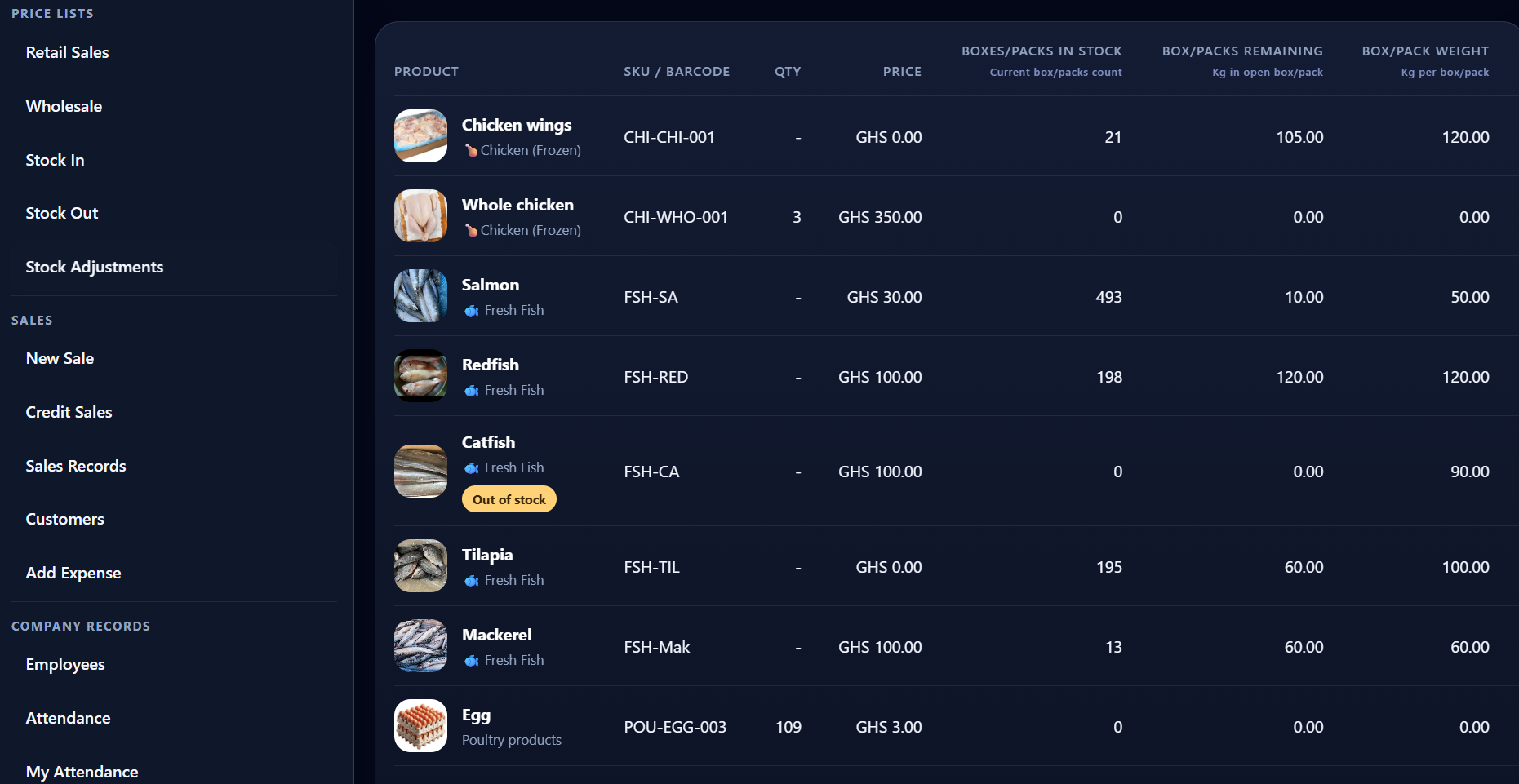 Gyenyame Cold Store product inventory with prices, stock quantities, box counts and stock alerts