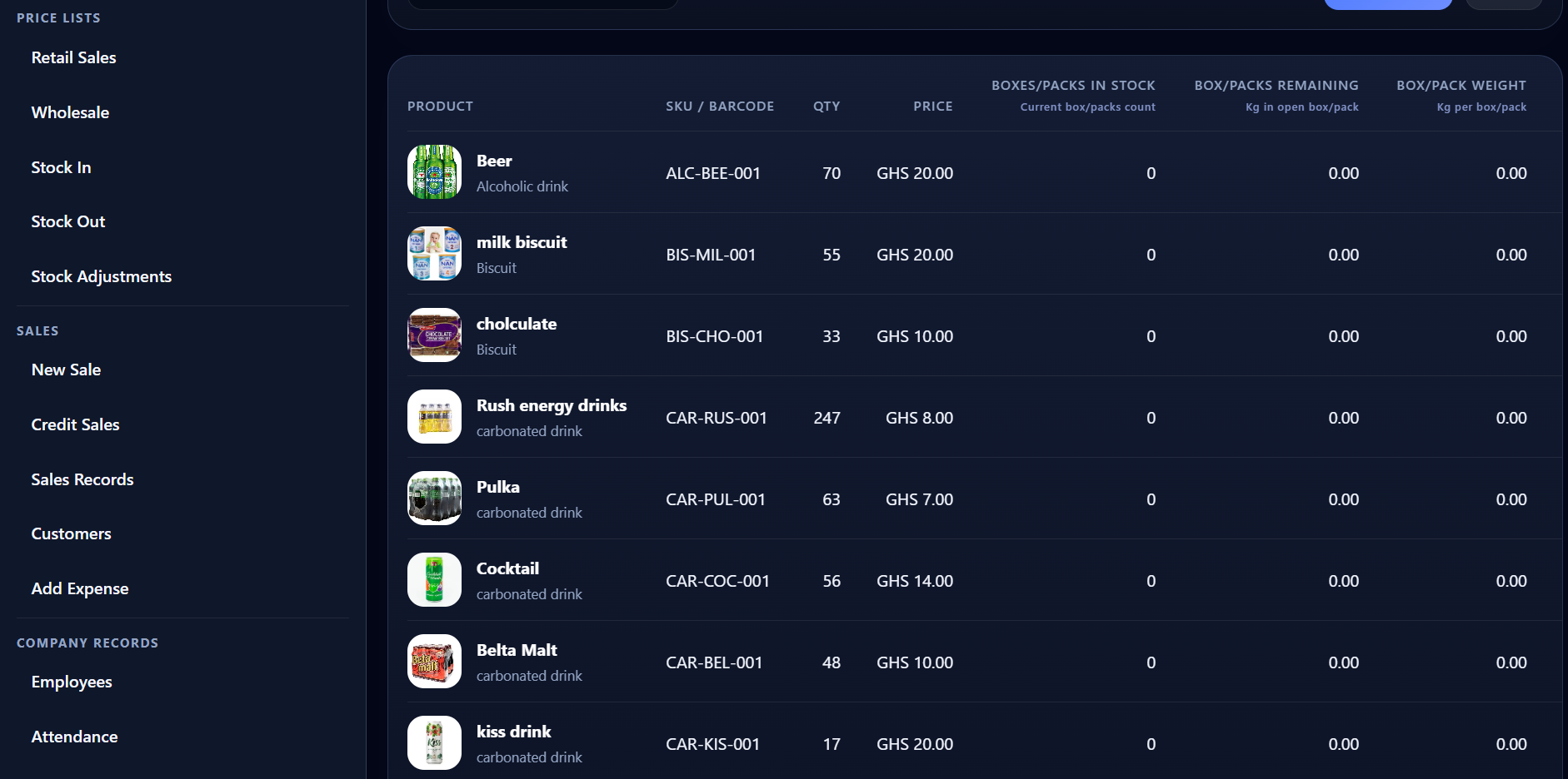 Dark-mode retail inventory showing beverages, biscuits, quantities, prices and stock controls