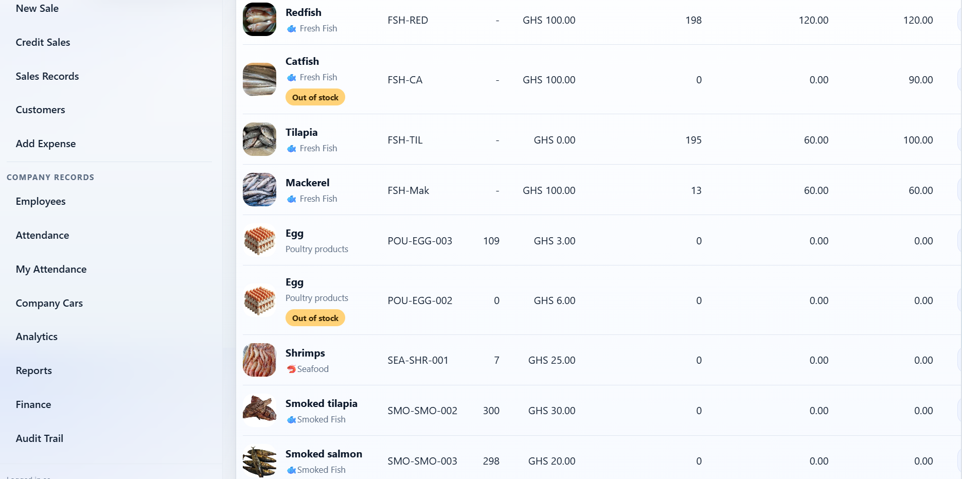 StockFlow light-mode product catalogue showing fish, poultry, prices and stock levels