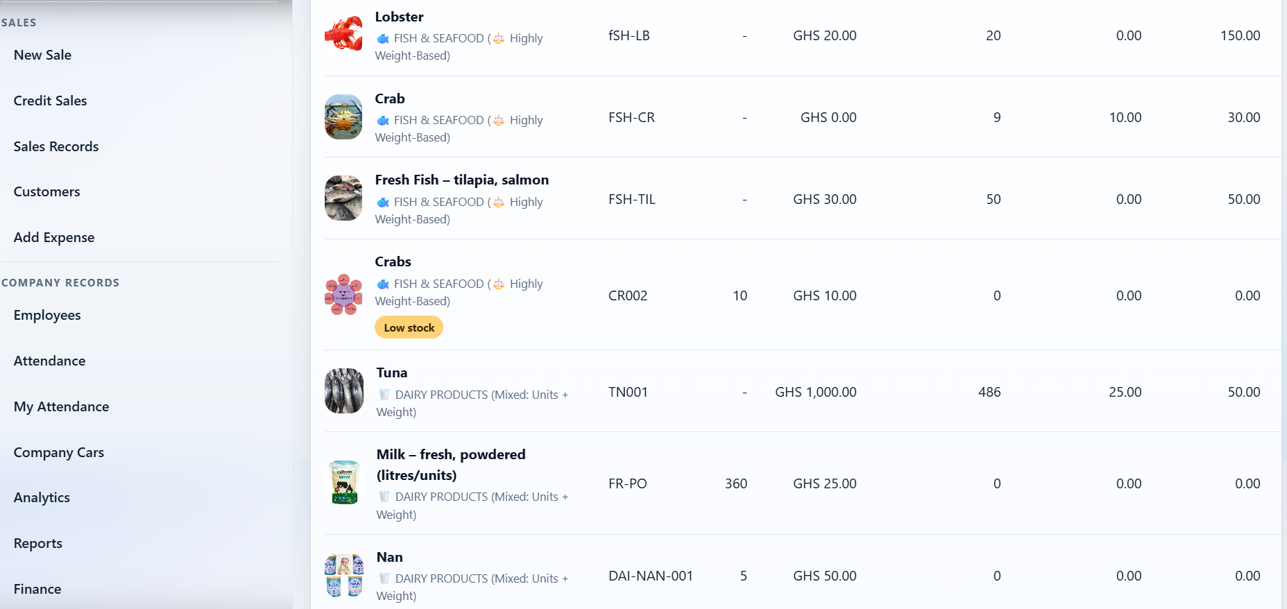 Mixed and weight-based inventory with seafood, dairy products, stock quantities and prices