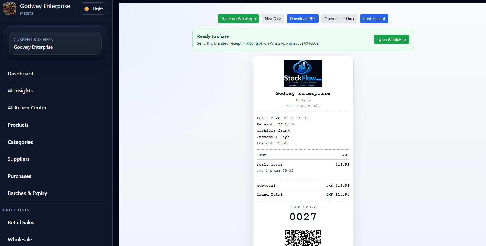 Godway Enterprise branded StockFlow receipt ready to share with a customer through WhatsApp